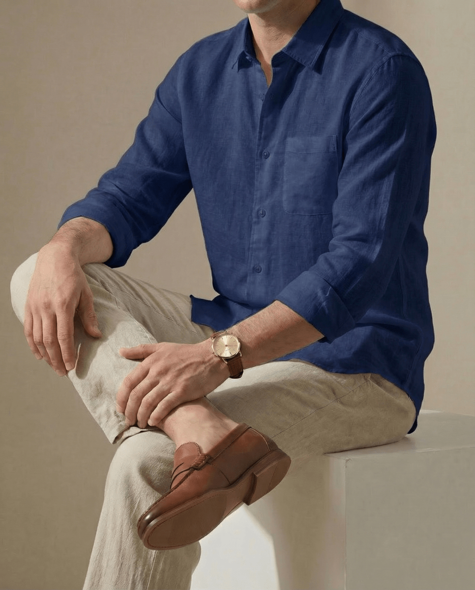 Conjunto Camisa Azul Marino + Pantalón Beige - 100% Lino
