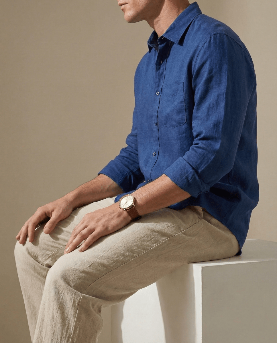 Conjunto Camisa Azul Marino + Pantalón Beige - 100% Lino