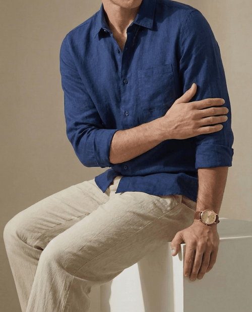 Conjunto Camisa Azul Marino + Pantalón Beige - 100% Lino
