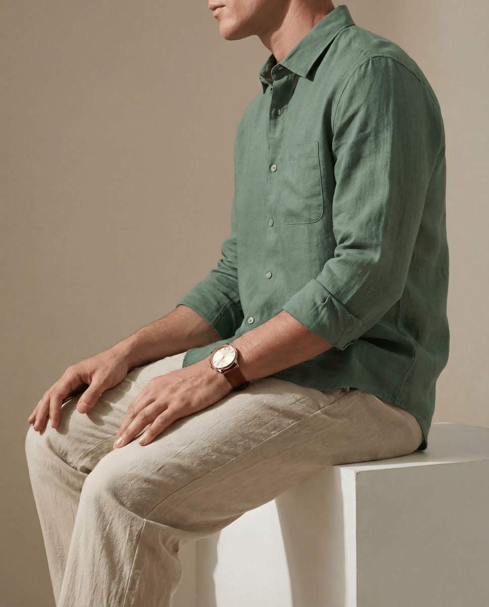 Conjunto Camisa Verde + Pantalón Beige - 100% Lino