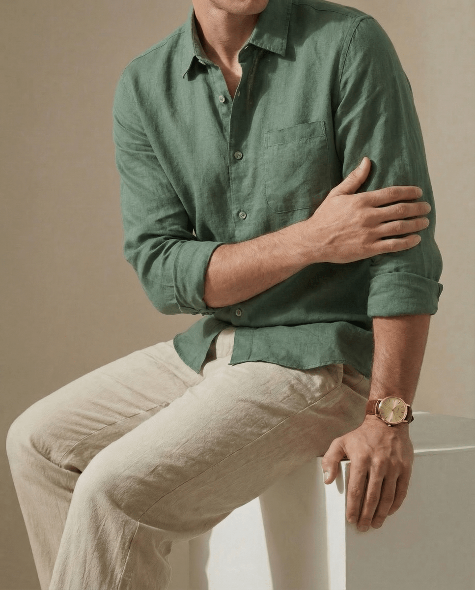 Conjunto Camisa Verde + Pantalón Beige - 100% Lino